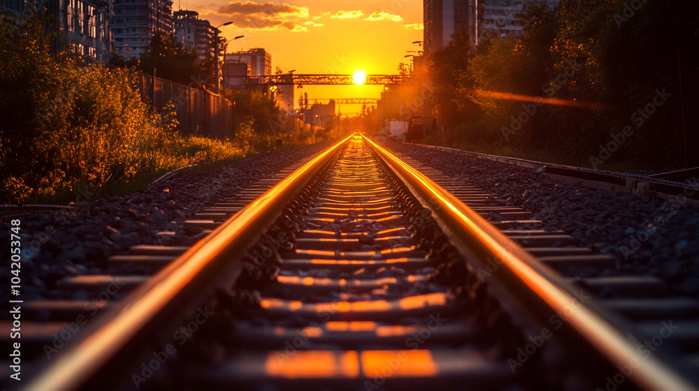 Fototapeta premium Golden Sunset Over Railroad Tracks Journey Destination Travel Photography