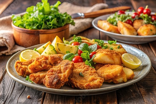 Plate of fried chicken fillet with potatoes, bread, and salad photo