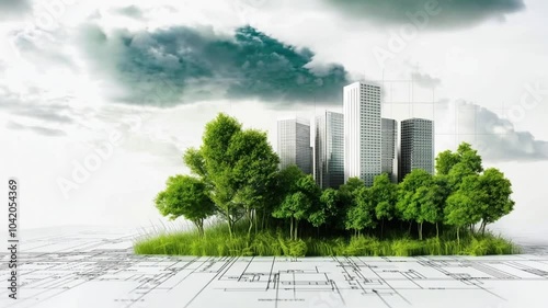 Sustainable Cityscape: A Miniature City with Lush Greenery Takes Root on Blueprint, Embracing Sustainability and Urban Renewal.  