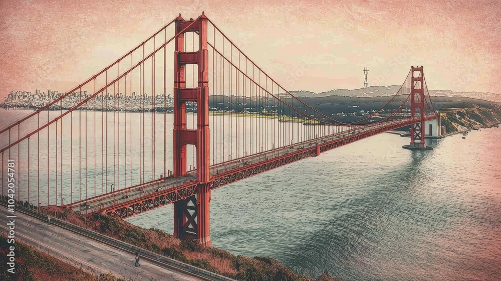 Obraz premium Majestic Golden Gate Bridge Iconic Red Structure Over Tranquil Waters and Hazy Cityscape