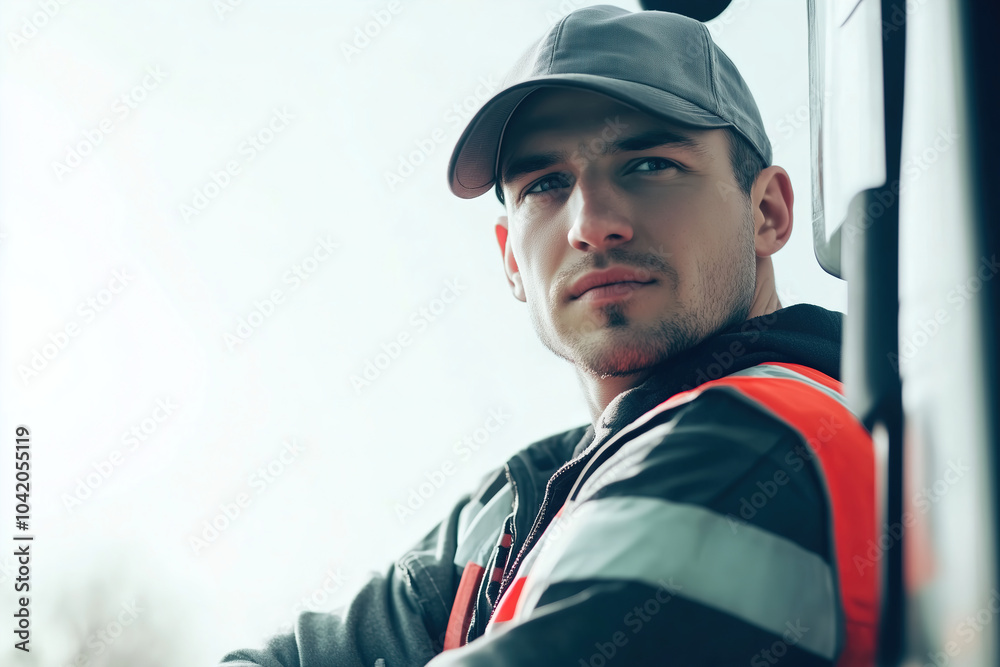 Construction worker in safety gear resting on truck during a cloudy day in an urban environment. Generative AI Construction worker in safety gear resting on truck during a cloudy day in an urban environment. Generative AI