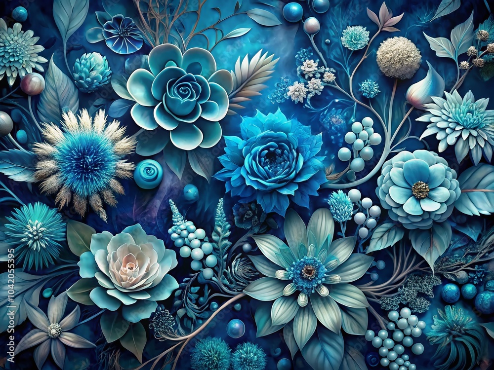 Surreal Floral Designs in Blue with Intricate Patterns and 3D Textures for Artistic Graphics Surreal Floral Designs in Blue with Intricate Patterns and 3D Textures for Artistic Graphics