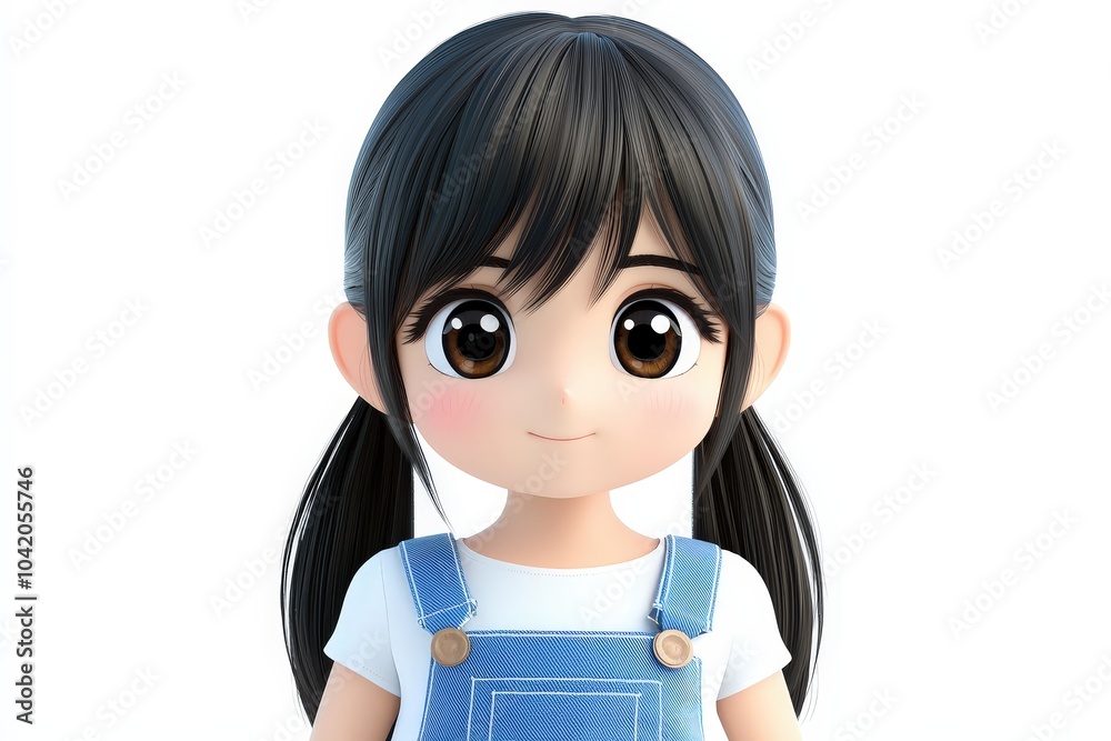 Charming animated character in blue overalls with playful expression and shiny brown eyes Charming animated character in blue overalls with playful expression and shiny brown eyes