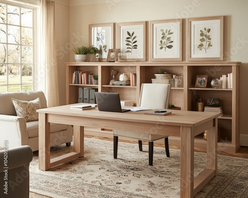 Serene Home Office Workspace with Wooden Desk and Symmetrical Bookcases, Natural Light, Tranquil Atmosphere