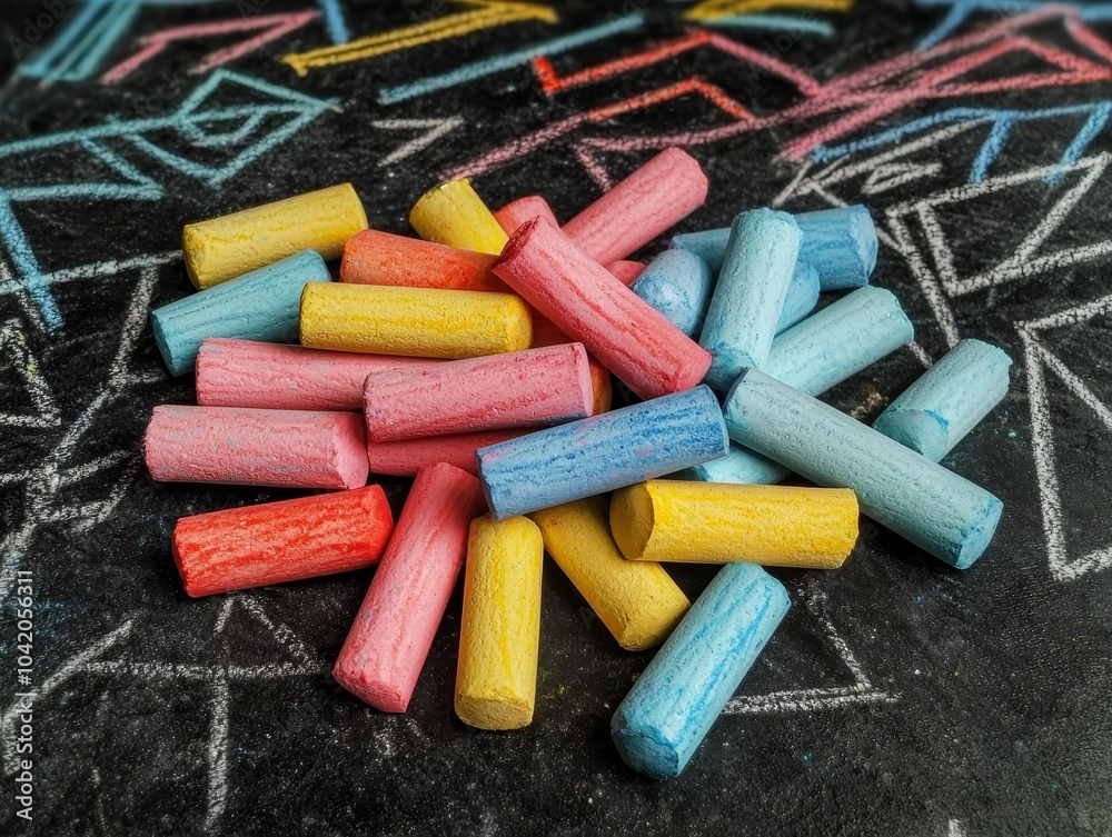 Vibrant Chalk Sticks Closeup on Black Surface - Creative Art Supplies for Education and Play Vibrant Chalk Sticks Closeup on Black Surface - Creative Art Supplies for Education and Play