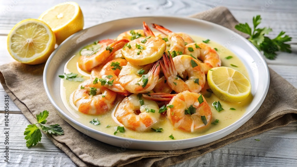 Plate of shrimp with lemon butter sauce and fresh vanilla Plate of shrimp with lemon butter sauce and fresh vanilla