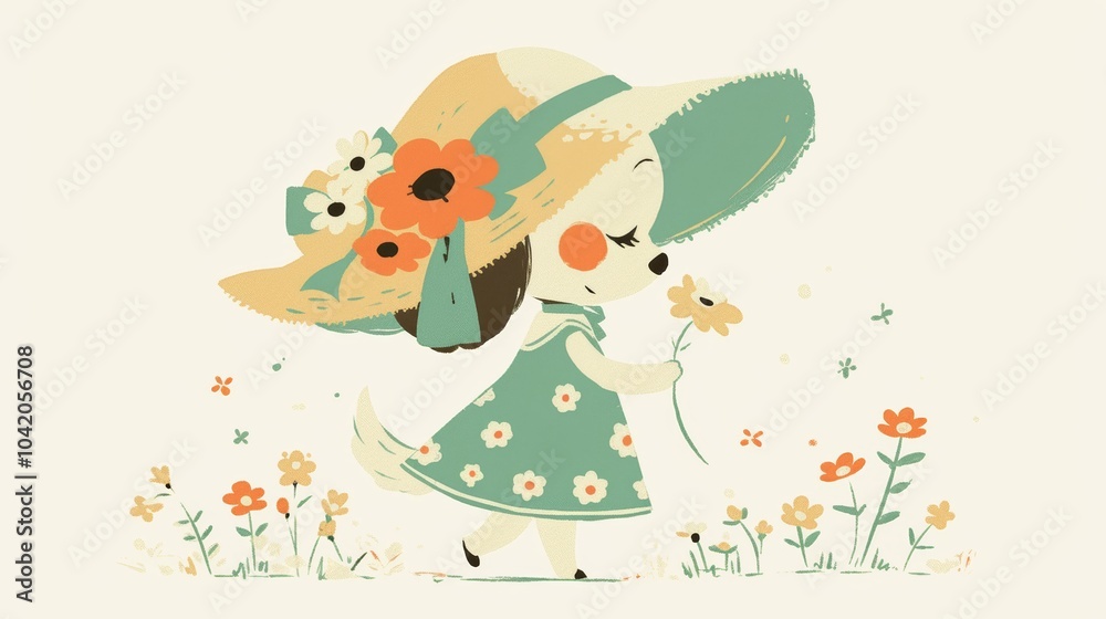 Naklejka premium Cute dog character cartoon wearing a cute dress and holding a flowers