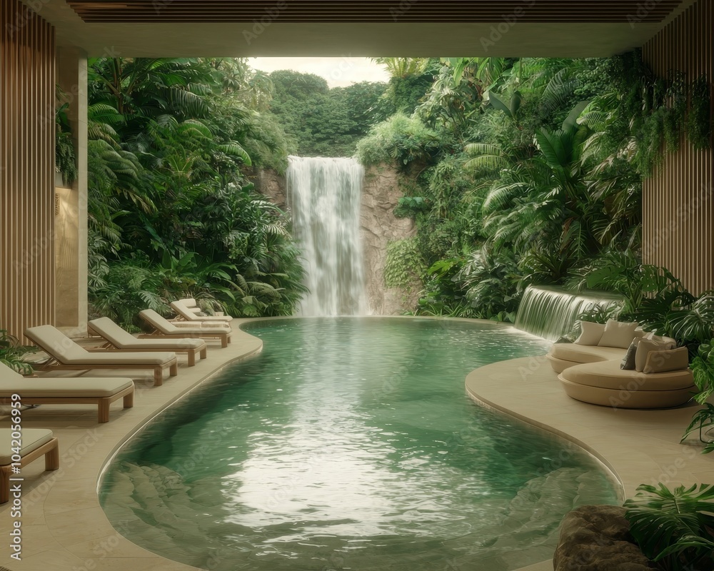Tropical Oasis Tranquil Indoor Pool with Cascading Waterfall and Lush ...