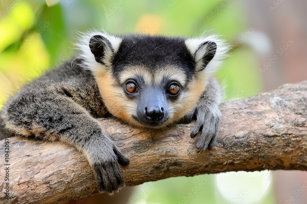 Obraz premium A curious lemur rests on a wooden branch, surrounded by vibrant foliage in its natural habitat