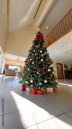 Festive holiday spirit shines in a bright lobby with a beautifully decorated Christmas tree photo