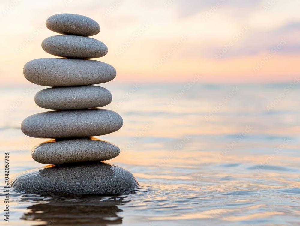 Tranquil Zen Stone Pyramid in Pastel Sky Reflection - Minimalist Balance and Harmony Tranquil Zen Stone Pyramid in Pastel Sky Reflection - Minimalist Balance and Harmony