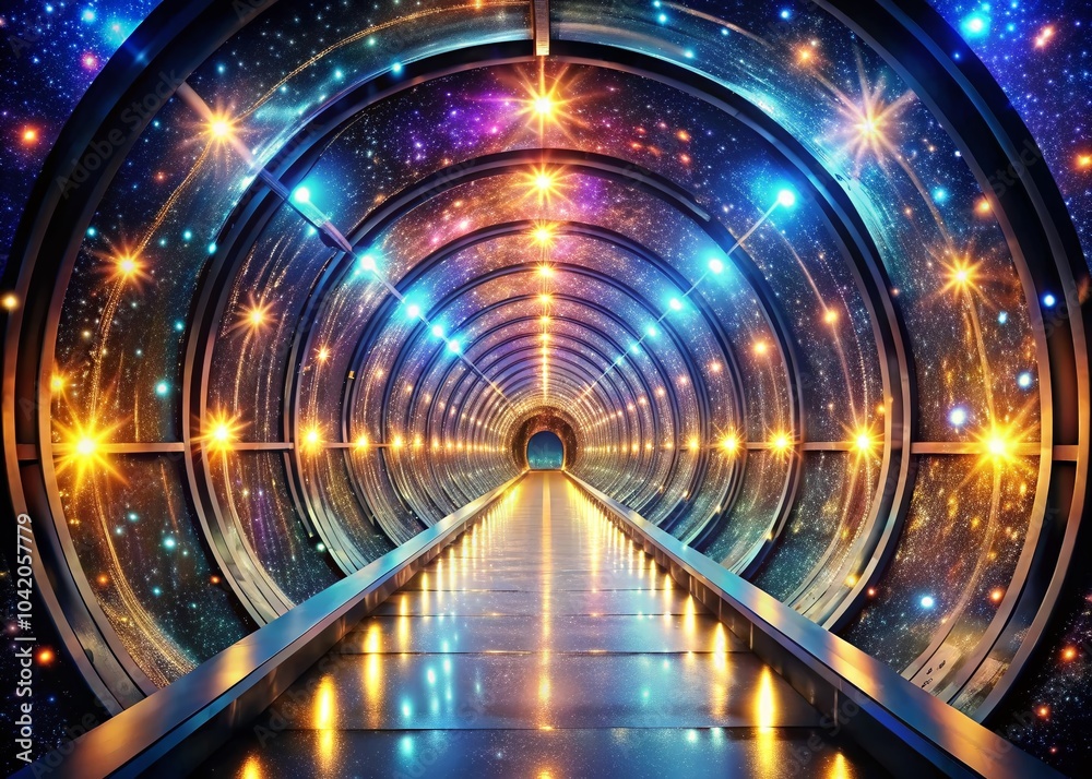 Surreal Metallic Tunnel Leading to a Cosmic Realm - Night Photography Surreal Metallic Tunnel Leading to a Cosmic Realm - Night Photography