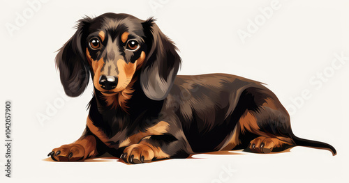 A digital illustration of a Dachshund lying down isolated on white background, showcasing its distinctive long body and expressive features.