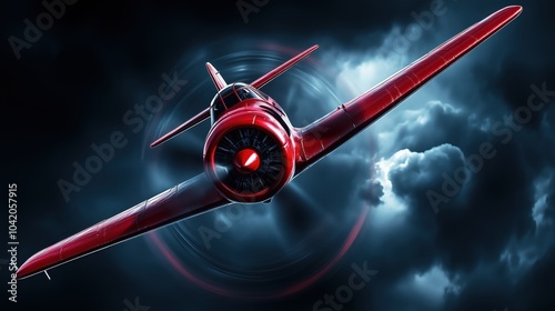 Red Vintage Plane Flying Through Storm	 photo