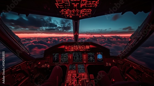 Airplane Cockpit at Night with Red Lighting	 photo