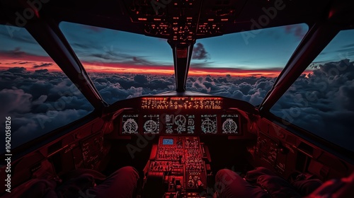 Airplane Cockpit at Night with Red Lighting	 photo