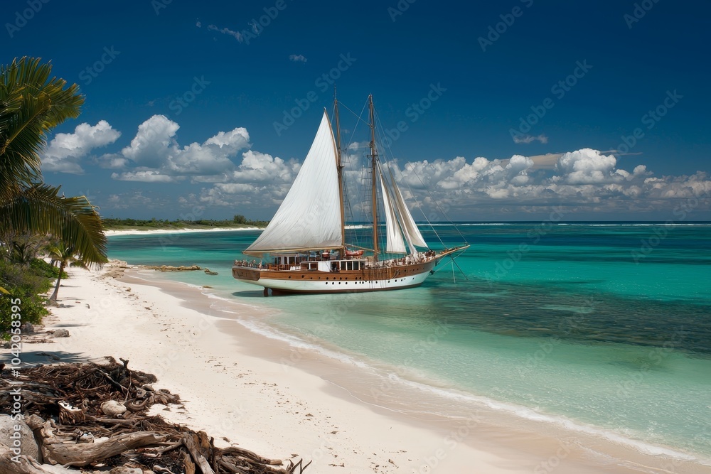 Obraz premium Tranquil Seaside Paradise Serene Wooden Sailboat Anchored in Turquoise Waters on Tropical Island Beach - Idyllic Coastal Getaway