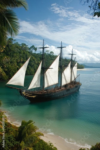 Majestic Adventure Closeup View of Magnificent Wooden Sailing Ship Anchored in Tropical Bay with Billowing White Sails, Lush Foliage, and Tranquil Blue Waters - Nautical Exploration and