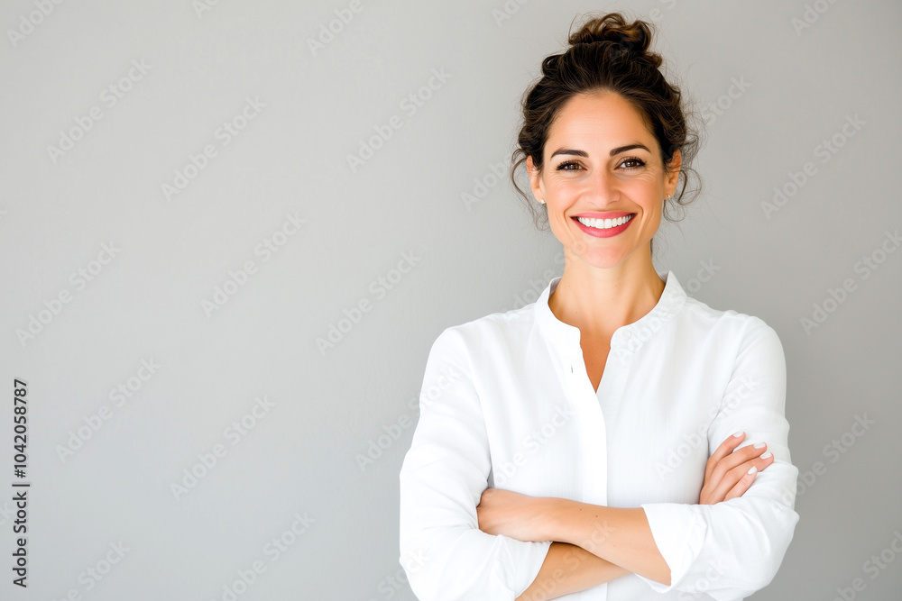A woman with a white shirt and a smile on her face A woman with a white shirt and a smile on her face