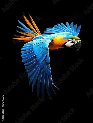 Flying Blue and Yellow Parrot on Black Background	 photo