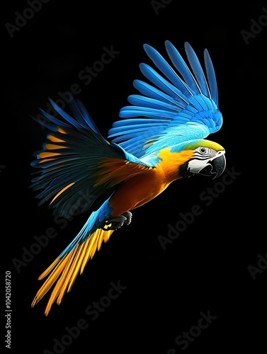Flying Blue and Yellow Parrot on Black Background	 photo