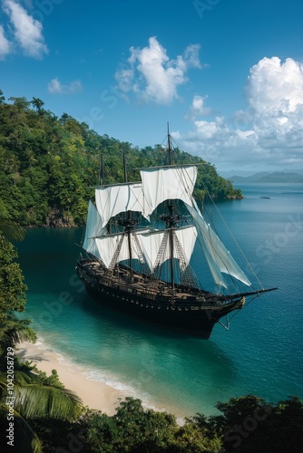 Majestic Sailing Ship Anchored in Tropical Bay Vivid Nautical Adventure in Paradise