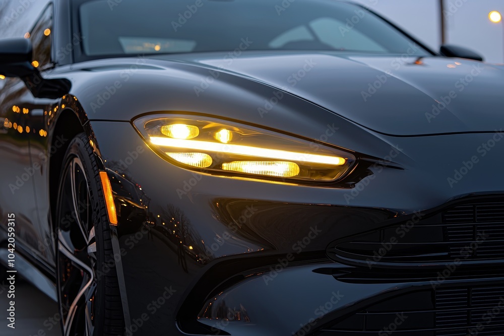 Luxurious Black Car Headlight Close-up in Nighttime Bokeh Setting - Elegant Automotive Detail with Illuminated Elegance Luxurious Black Car Headlight Close-up in Nighttime Bokeh Setting - Elegant Automotive Detail with Illuminated Elegance