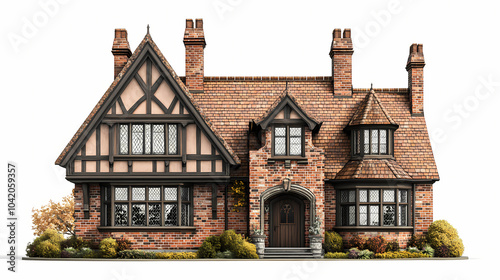 Photorealistic tudor house 3d model - isolated on white background. tudor architecture. illustration. Tudor Mansion. Illustration