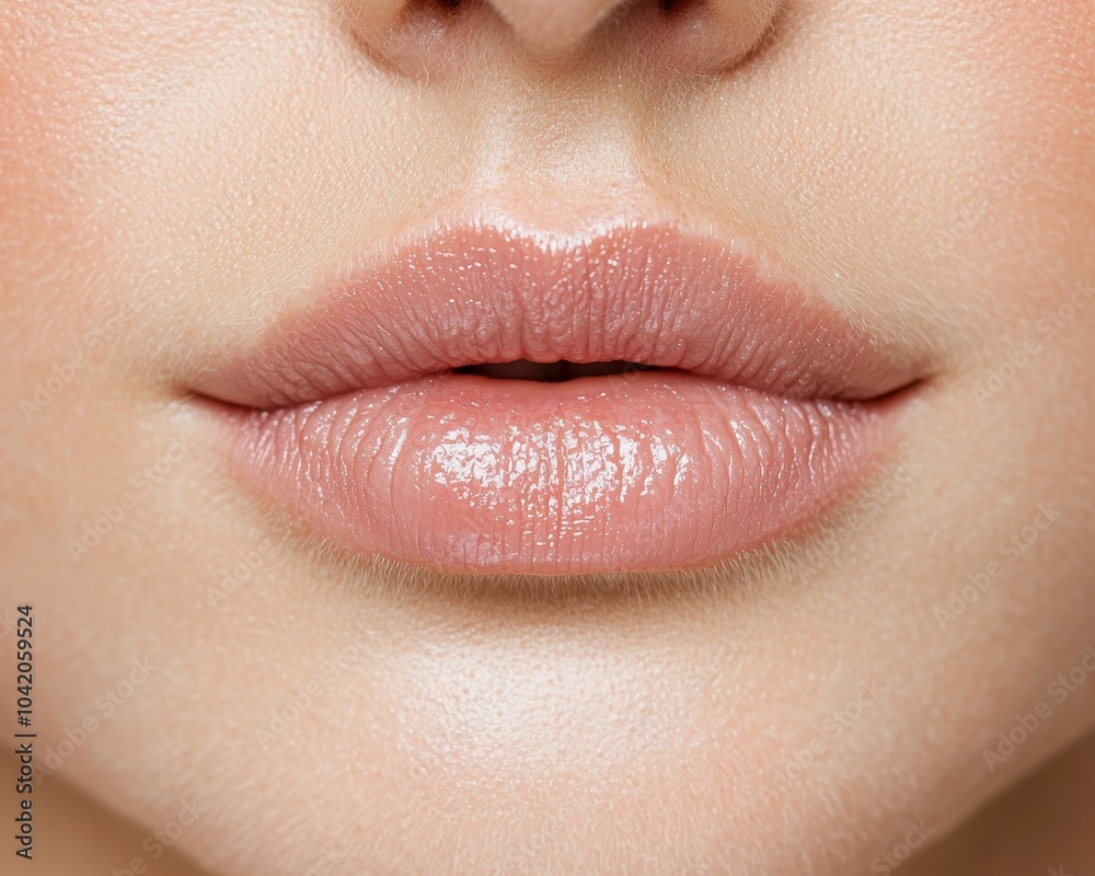 Fototapeta premium Sensual Pink Lips Closeup, Soft Beige Skin, Beauty, Sensuality, Beauty Product Concept
