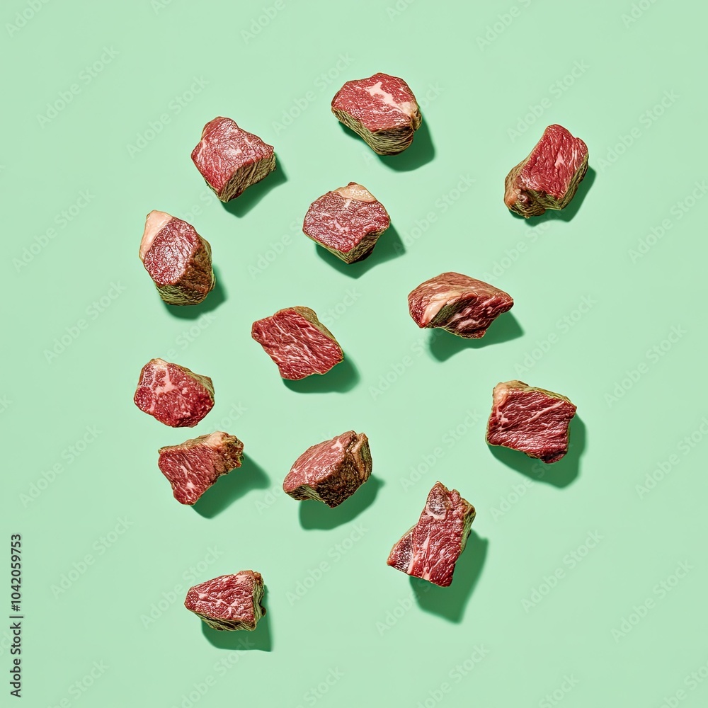 Juicy steak cuts hovering mid-air, scattered in random orientations on a serene pastel green background Juicy steak cuts hovering mid-air, scattered in random orientations on a serene pastel green background