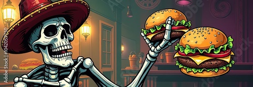 Skeleton is holding a cheeseburger. Mexican holiday Day of the Dead and restaurant mascot. Halloween themed dishes. Comic cartoon pop art retro illustration