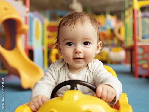 Cheerful Toddler in Yellow Toy Car at Colorful Indoor Play Area - Joyful Childhood Playtime Concept
