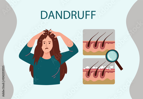 Young woman with dandruff problem.Health medicine, trichology, dermatology concept. Vector hand drawn flat cartoon illustration.