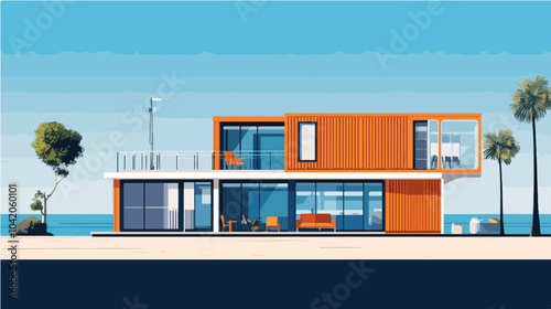 Illustration of a modular house. Modular house made from shipping containers. Modern house.