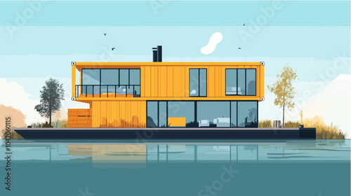 Illustration of a modular house. Modular house made from shipping containers. Modern house.
