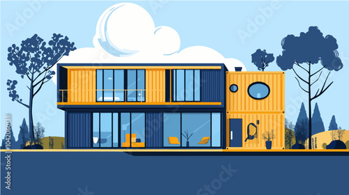 Illustration of a modular house. Modular house made from shipping containers. Modern house.