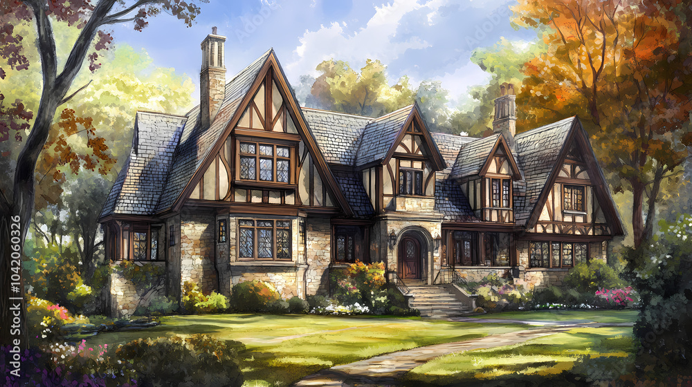 Luxury tudor style homes. Tudor Mansion. Illustration Luxury tudor style homes. Tudor Mansion. Illustration