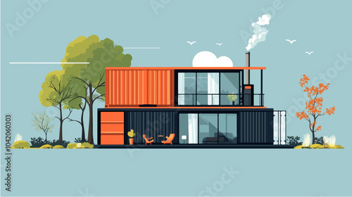 Illustration of a modular house. Modular house made from shipping containers. Modern house.