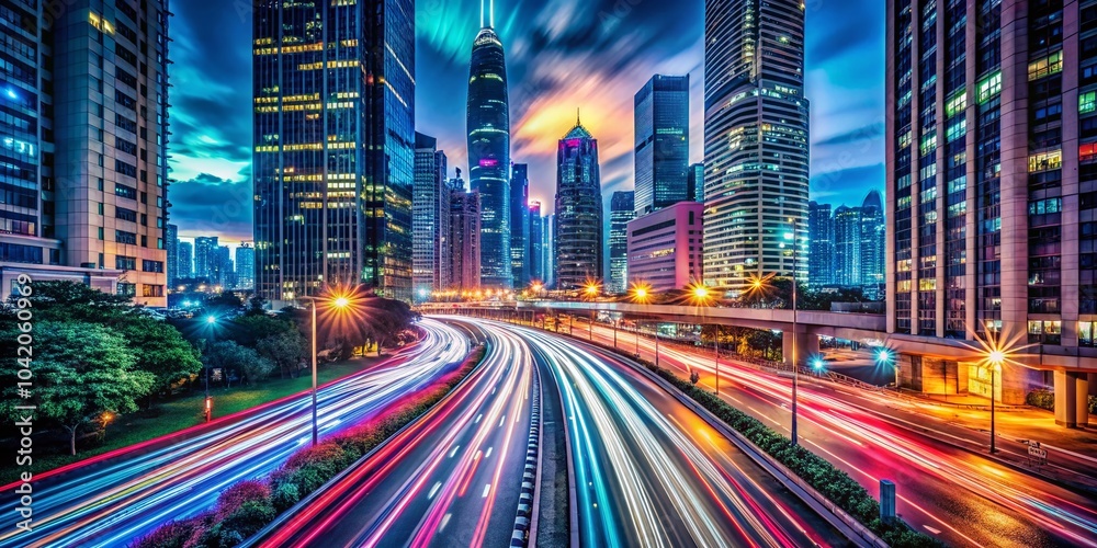 Fototapeta premium Surreal Timelapse of Urban Traffic Flow in a Vibrant Cityscape at Night