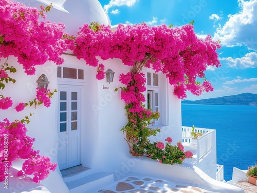 White Building with Pink Flowers by Sea	 photo