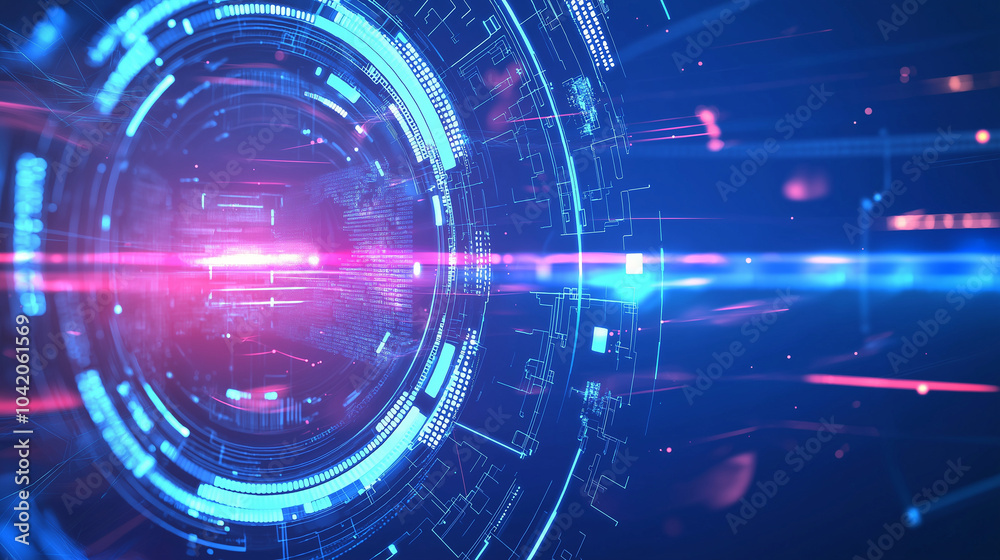 Obraz premium Moderner futuristischer Hintergrund in leuchtendem Blau. Digitales Tech-Design mit abstrakten Linien, Matrix-Elementen und Netzwerkstrukturen. Hochtechnologie-Konzept für Cybersecurity