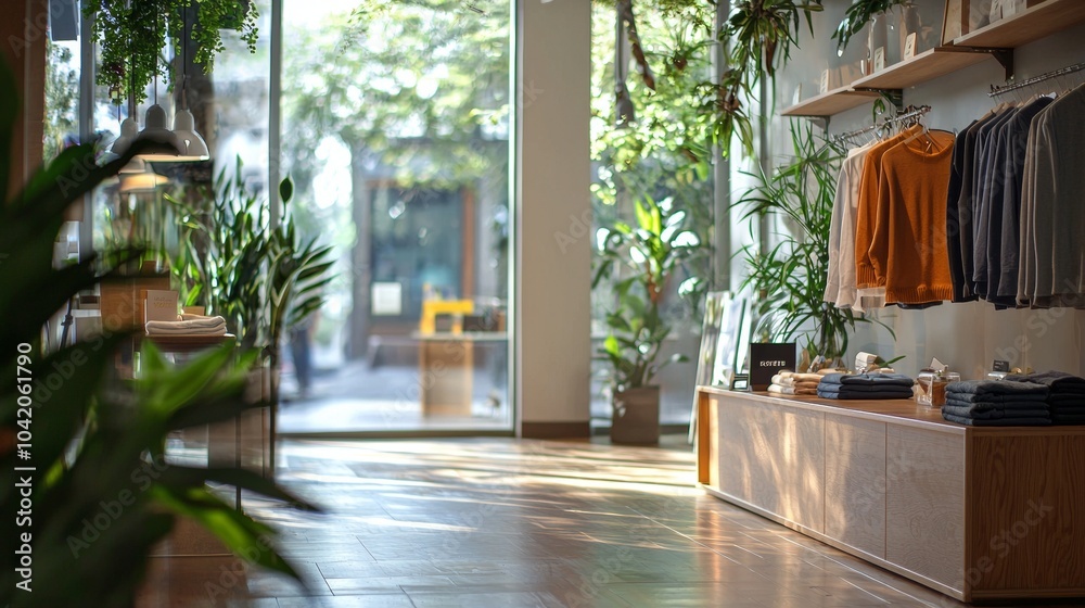 Cozy modern store interior with clothing and plants Cozy modern store interior with clothing and plants