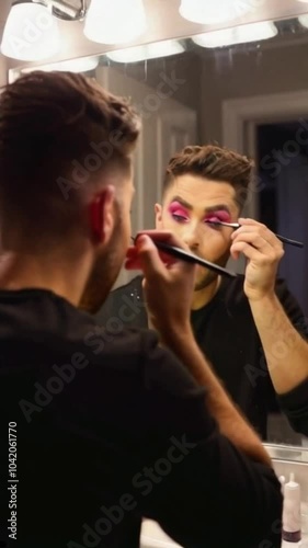 Young Caucasian man putting on makeup in the bathroom mirror at home. photo