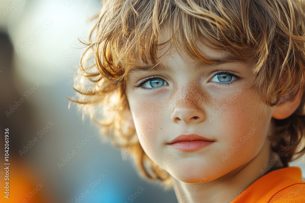 A young boy with curly hair and striking blue eyes enjoys a sunny day outdoors A young boy with curly hair and striking blue eyes enjoys a sunny day outdoors