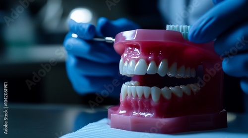 A dentist demonstrates proper brushing technique using a model jaw and toothbrush. photo