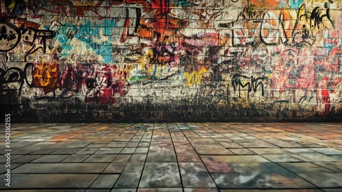 A brick wall covered in colorful graffiti in an urban alleyway