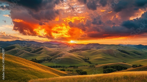 Majestic sunset behind rolling hills, clouds painted in fiery red and gold