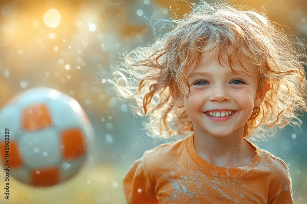 A joyful child smiles while playing soccer outdoors in a sunlit park during late afternoon A joyful child smiles while playing soccer outdoors in a sunlit park during late afternoon
