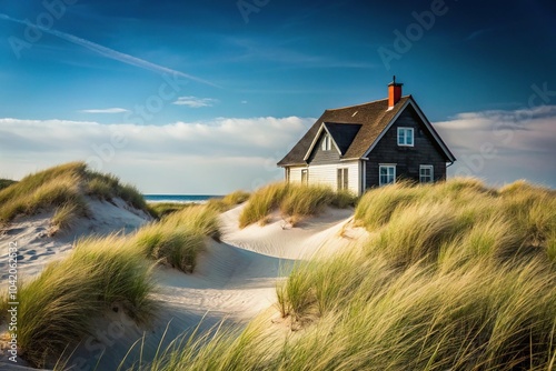 Fototapeta Naklejka Na Ścianę i Meble -  Reflected house on the Baltic Sea behind dunes