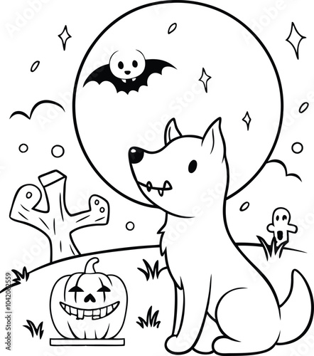 Hand-drawn ghostly dog howling full moon Spooky bat line art coloring page, kids coloring book. Generative Ai